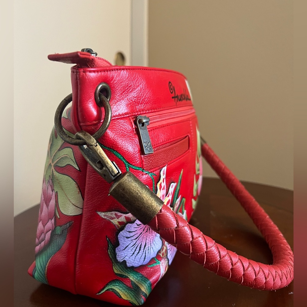 Anuschka hand painted red leather shoulder bag
